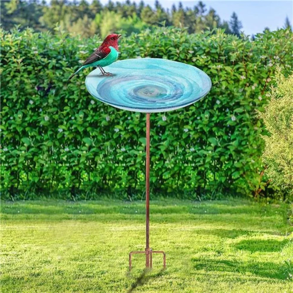Outdoor BirdBath Glass Bird Bath Garden Bird Feeder with Metal Stake